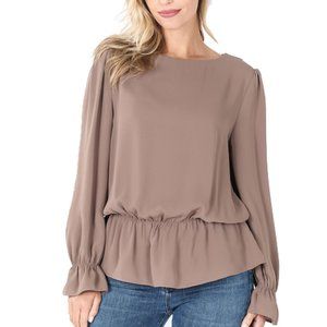 Mocha Woven Wool Peach Puff Sleeve Blouse